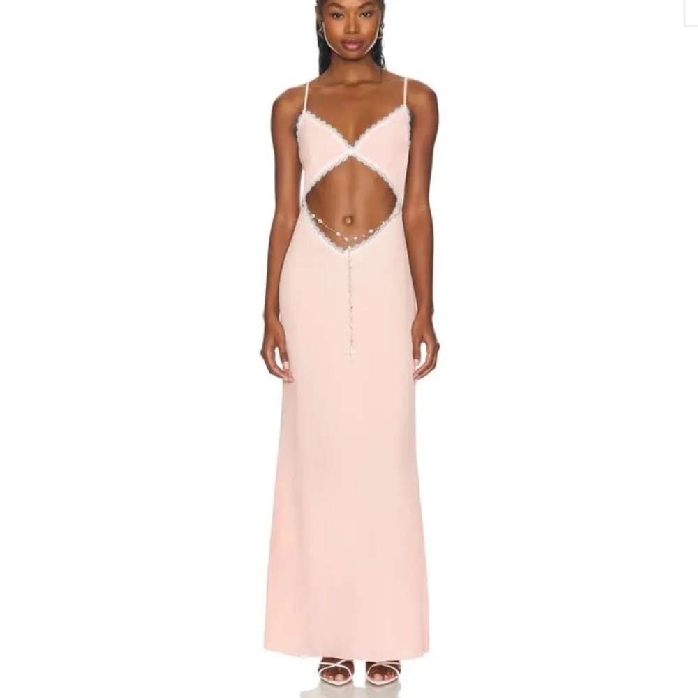 LOBA Iria Slip Dress Dusty Pink Blush Maxi Dress Lace pearl chain Revolve XL